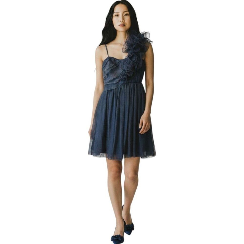 BCBGeneration Navy Organza Ruffle One Shoulder Mini Dress Size 0 Wedding Guest